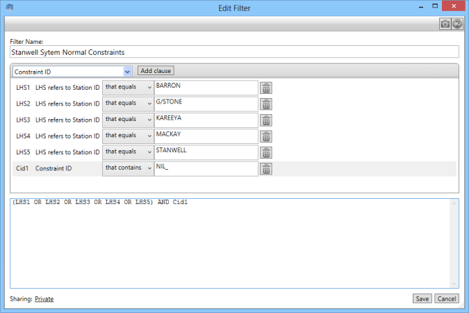 Image of the Constraint Equation Filter Editor.