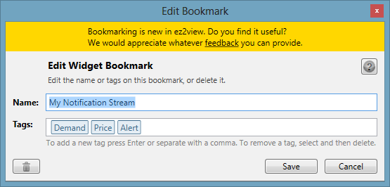 Image of the Widget Bookmark Editor with Tags.